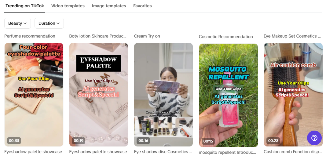 TikTok trending video templates showcasing beauty products, AI-generated scripts, and speech for marketing content creation.